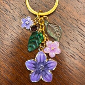 Handmade purple gold Floral Charm Keychain with Gold Ring